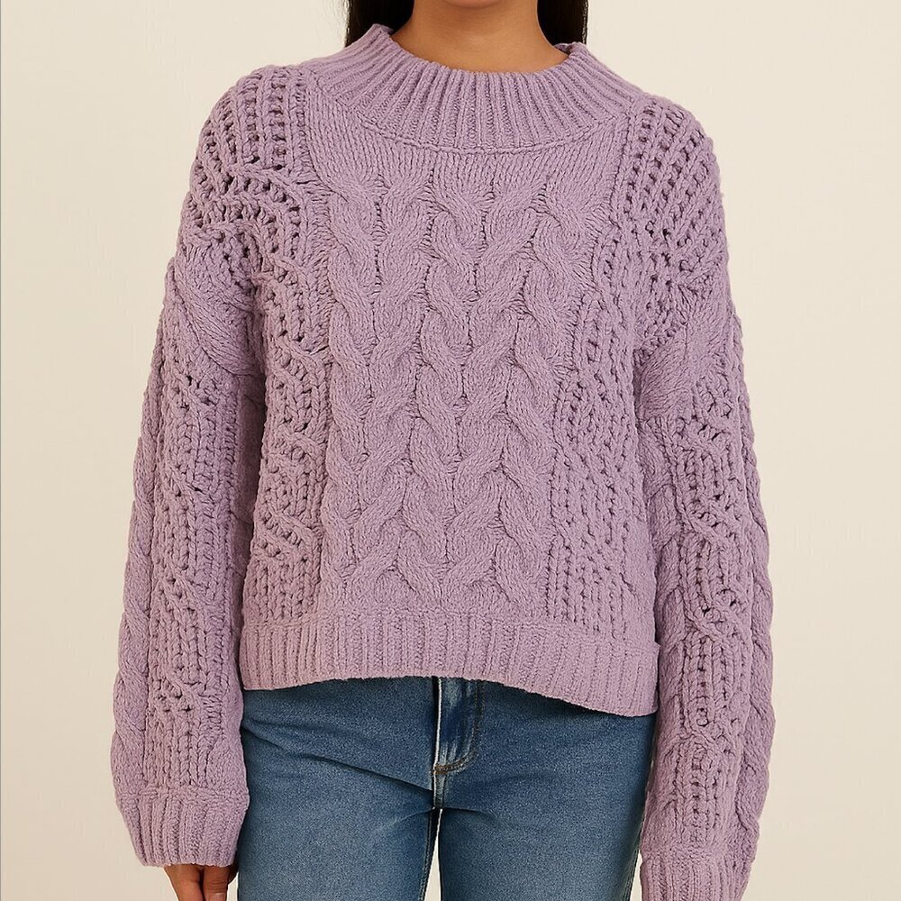POL Women's Purple Chunky Cable Knit Chenille Mock Neck Sweater size small